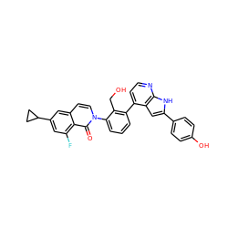 O=c1c2c(F)cc(C3CC3)cc2ccn1-c1cccc(-c2ccnc3[nH]c(-c4ccc(O)cc4)cc23)c1CO ZINC001772601638