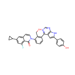 O=c1c2c(F)cc(C3CC3)cc2ccn1-c1cccc(-c2ncnc3[nH]c(-c4ccc(O)cc4)cc23)c1CO ZINC000299862855