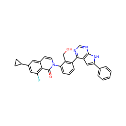 O=c1c2c(F)cc(C3CC3)cc2ccn1-c1cccc(-c2ncnc3[nH]c(-c4ccccc4)cc23)c1CO ZINC000299871612