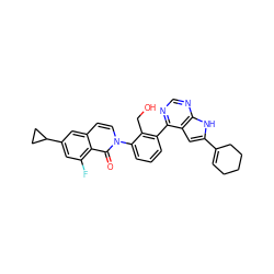 O=c1c2c(F)cc(C3CC3)cc2ccn1-c1cccc(-c2ncnc3[nH]c(C4=CCCCC4)cc23)c1CO ZINC000299871926