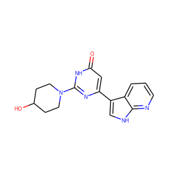 O=c1cc(-c2c[nH]c3ncccc23)nc(N2CCC(O)CC2)[nH]1 ZINC000101473298