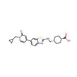 O=c1cc(-c2ccc3nc(NC[C@H]4CC[C@H](C(=O)O)CC4)sc3c2)ccn1CC1CC1 ZINC000668364232