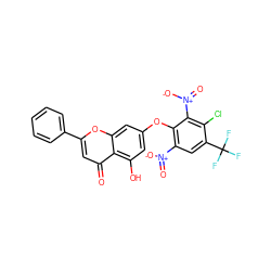 O=c1cc(-c2ccccc2)oc2cc(Oc3c([N+](=O)[O-])cc(C(F)(F)F)c(Cl)c3[N+](=O)[O-])cc(O)c12 ZINC000103291535