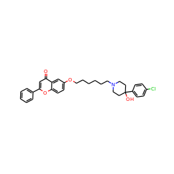 O=c1cc(-c2ccccc2)oc2ccc(OCCCCCCN3CCC(O)(c4ccc(Cl)cc4)CC3)cc12 ZINC000013454404