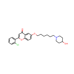 O=c1cc(-c2ccccc2Cl)oc2ccc(OCCCCCCN3CCC(O)CC3)cc12 ZINC000013454411