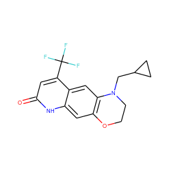 O=c1cc(C(F)(F)F)c2cc3c(cc2[nH]1)OCCN3CC1CC1 ZINC000014967285