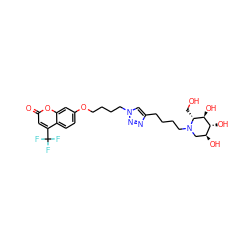 O=c1cc(C(F)(F)F)c2ccc(OCCCCn3cc(CCCCN4C[C@H](O)[C@@H](O)[C@H](O)[C@H]4CO)nn3)cc2o1 ZINC001772635868