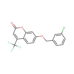 O=c1cc(C(F)(F)F)c2ccc(OCc3cccc(Cl)c3)cc2o1 ZINC000002811831