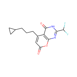 O=c1cc(CCCC2CC2)c2c(=O)[nH]c(C(F)F)nc2o1 ZINC000066076013