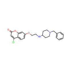 O=c1cc(Cl)c2ccc(OCCNC3CCN(Cc4ccccc4)CC3)cc2o1 ZINC000653691279