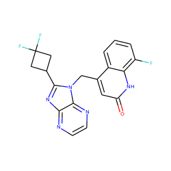 O=c1cc(Cn2c(C3CC(F)(F)C3)nc3nccnc32)c2cccc(F)c2[nH]1 ZINC000072110224