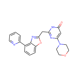 O=c1cc(N2CCOCC2)nc(Cc2nc3c(-c4ccccn4)cccc3o2)[nH]1 ZINC000084758669