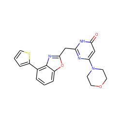 O=c1cc(N2CCOCC2)nc(Cc2nc3c(-c4cccs4)cccc3o2)[nH]1 ZINC000084710277