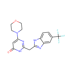 O=c1cc(N2CCOCC2)nc(Cc2nc3cc(C(F)(F)F)ccc3[nH]2)[nH]1 ZINC000084757965