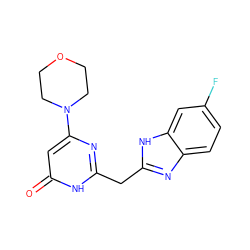 O=c1cc(N2CCOCC2)nc(Cc2nc3ccc(F)cc3[nH]2)[nH]1 ZINC000084690070