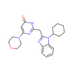 O=c1cc(N2CCOCC2)nc(Cc2nc3ccccc3n2C2CCCCC2)[nH]1 ZINC000084759459