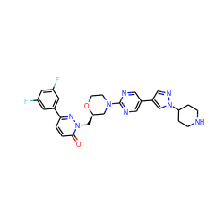 O=c1ccc(-c2cc(F)cc(F)c2)nn1C[C@@H]1CN(c2ncc(-c3cnn(C4CCNCC4)c3)cn2)CCO1 ZINC000205706321