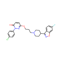 O=c1ccc(OCCCN2CCC(c3noc4cc(F)ccc34)CC2)nn1-c1ccc(Cl)cc1 ZINC001772592255