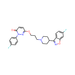 O=c1ccc(OCCCN2CCC(c3noc4cc(F)ccc34)CC2)nn1-c1ccc(F)cc1 ZINC001772607005