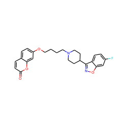 O=c1ccc2ccc(OCCCCN3CCC(c4noc5cc(F)ccc45)CC3)cc2o1 ZINC000096929494