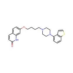 O=c1ccc2ccc(OCCCCN3CCN(c4cccc5sccc45)CC3)cc2[nH]1 ZINC000084758479