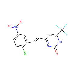 O=c1nc(/C=C/c2cc([N+](=O)[O-])ccc2Cl)cc(C(F)(F)F)[nH]1 ZINC000008579369