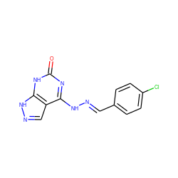 O=c1nc(N/N=C/c2ccc(Cl)cc2)c2cn[nH]c2[nH]1 ZINC000003923261