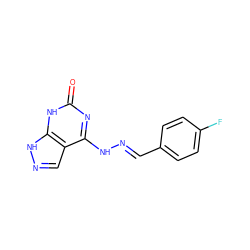 O=c1nc(N/N=C/c2ccc(F)cc2)c2cn[nH]c2[nH]1 ZINC000003923259