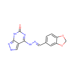 O=c1nc(N/N=C/c2ccc3c(c2)OCO3)c2c[nH]nc2[nH]1 ZINC001772650101