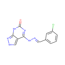 O=c1nc(N/N=C/c2cccc(Cl)c2)c2c[nH]nc2[nH]1 ZINC001772641974