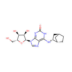 O=c1nc2c(ncn2[C@H]2O[C@H](CO)[C@@H](O)[C@H]2O)c(N[C@@H]2C[C@H]3CC[C@H]2C3)[nH]1 ZINC000253731929