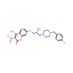 O=c1oc2cc(OC[C@H](O)CN3CCN(Cc4ccc(Cl)cc4)CC3)ccc2c(O)c1[N+](=O)[O-] ZINC000029234964