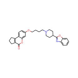 O=c1oc2cc(OCCCCN3CCC(c4nc5ccccc5o4)CC3)ccc2c2c1CCC2 ZINC000103261193