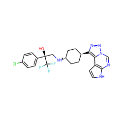 O[C@](CN[C@H]1CC[C@H](c2nnn3cnc4[nH]ccc4c23)CC1)(c1ccc(Cl)cc1)C(F)(F)F ZINC001772571351