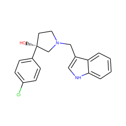 O[C@]1(c2ccc(Cl)cc2)CCN(Cc2c[nH]c3ccccc23)C1 ZINC000040864120