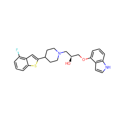 O[C@H](COc1cccc2[nH]ccc12)CN1CCC(c2cc3c(F)cccc3s2)CC1 ZINC000013490089