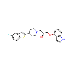 O[C@H](COc1cccc2[nH]ccc12)CN1CCC(c2cc3cc(F)ccc3s2)CC1 ZINC000013490090