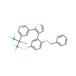 OC(c1cncc(-c2sccc2-c2cc(Cl)ccc2OCc2ccccc2)c1)(C(F)(F)F)C(F)(F)F ZINC000028362234