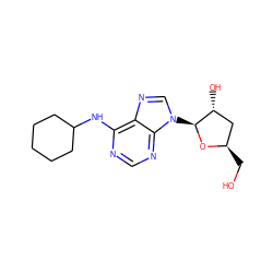 OC[C@@H]1C[C@@H](O)[C@H](n2cnc3c(NC4CCCCC4)ncnc32)O1 ZINC000012405899