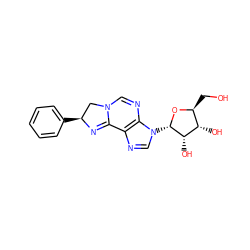 OC[C@@H]1O[C@@H](n2cnc3c2N=CN2C[C@H](c4ccccc4)N=C32)[C@@H](O)[C@H]1O ZINC000027750706