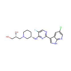 OC[C@H](O)CN1CCC[C@H](Nc2nc(-c3c[nH]c4ncc(Cl)cc34)ncc2F)C1 ZINC000165699167