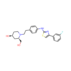 OC[C@H]1C[C@@H](O)CCN1CCc1ccc(Nc2nc(-c3cccc(F)c3)cs2)cc1 ZINC000096273998