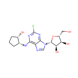 OC[C@H]1O[C@@H](n2cnc3c(N[C@@H]4CCC[C@@H]4O)nc(Cl)nc32)[C@H](O)[C@@H]1O ZINC000027324903