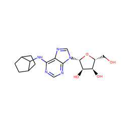 OC[C@H]1O[C@@H](n2cnc3c(NC4C5CCC4CC5)ncnc32)[C@H](O)[C@@H]1O ZINC000013677752