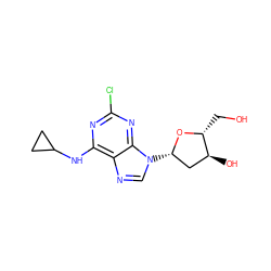 OC[C@H]1O[C@@H](n2cnc3c(NC4CC4)nc(Cl)nc32)C[C@@H]1O ZINC000013804199