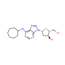 OC[C@H]1O[C@@H](n2cnc3c(NC4CCCCCC4)ncnc32)C[C@@H]1O ZINC000013804211