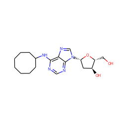 OC[C@H]1O[C@@H](n2cnc3c(NC4CCCCCCC4)ncnc32)C[C@@H]1O ZINC000013804215