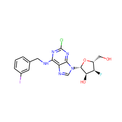 OC[C@H]1O[C@@H](n2cnc3c(NCc4cccc(I)c4)nc(Cl)nc32)[C@H](O)[C@@H]1F ZINC000095575770