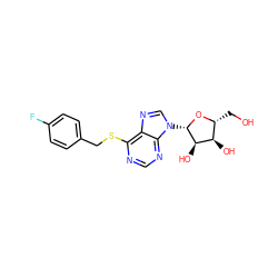 OC[C@H]1O[C@@H](n2cnc3c(SCc4ccc(F)cc4)ncnc32)[C@H](O)[C@@H]1O ZINC000013560343