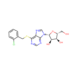 OC[C@H]1O[C@@H](n2cnc3c(SCc4ccccc4Cl)ncnc32)[C@H](O)[C@@H]1O ZINC000013560332